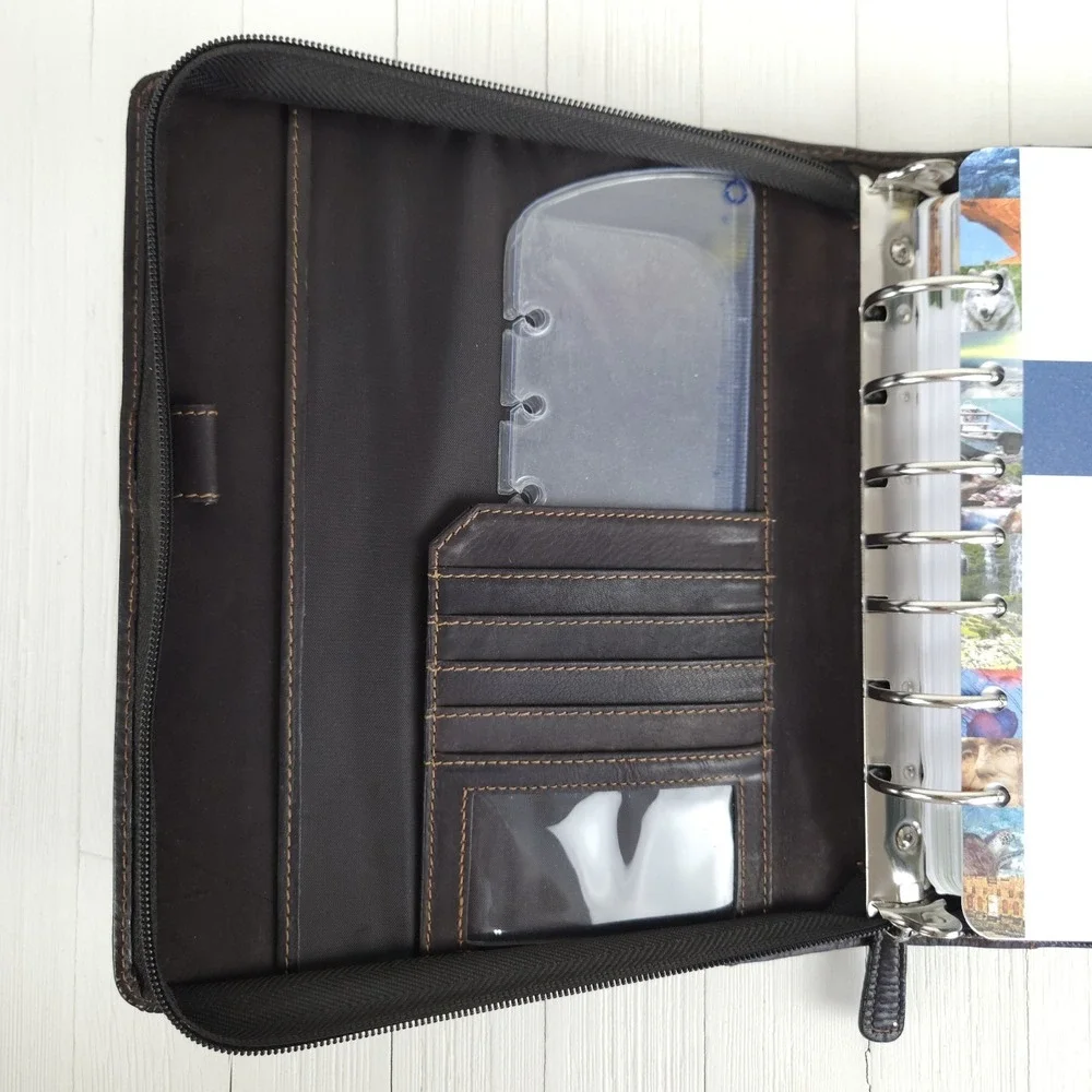 Vtg Franklin Covey 7-Ring Binder Planner Brown Full Grain Leather Zip 90s 10x8